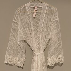 Sheer Lace-Trim Robe for Women - White